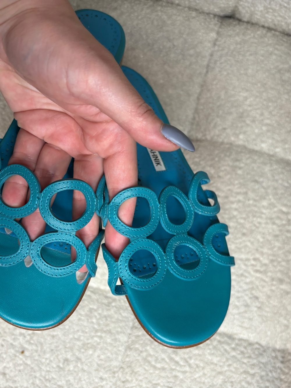 Vintage Manolo Blahnik Y2K Geometric Leather Sandals Size 37 Bright Blue - Picture 2 of 6